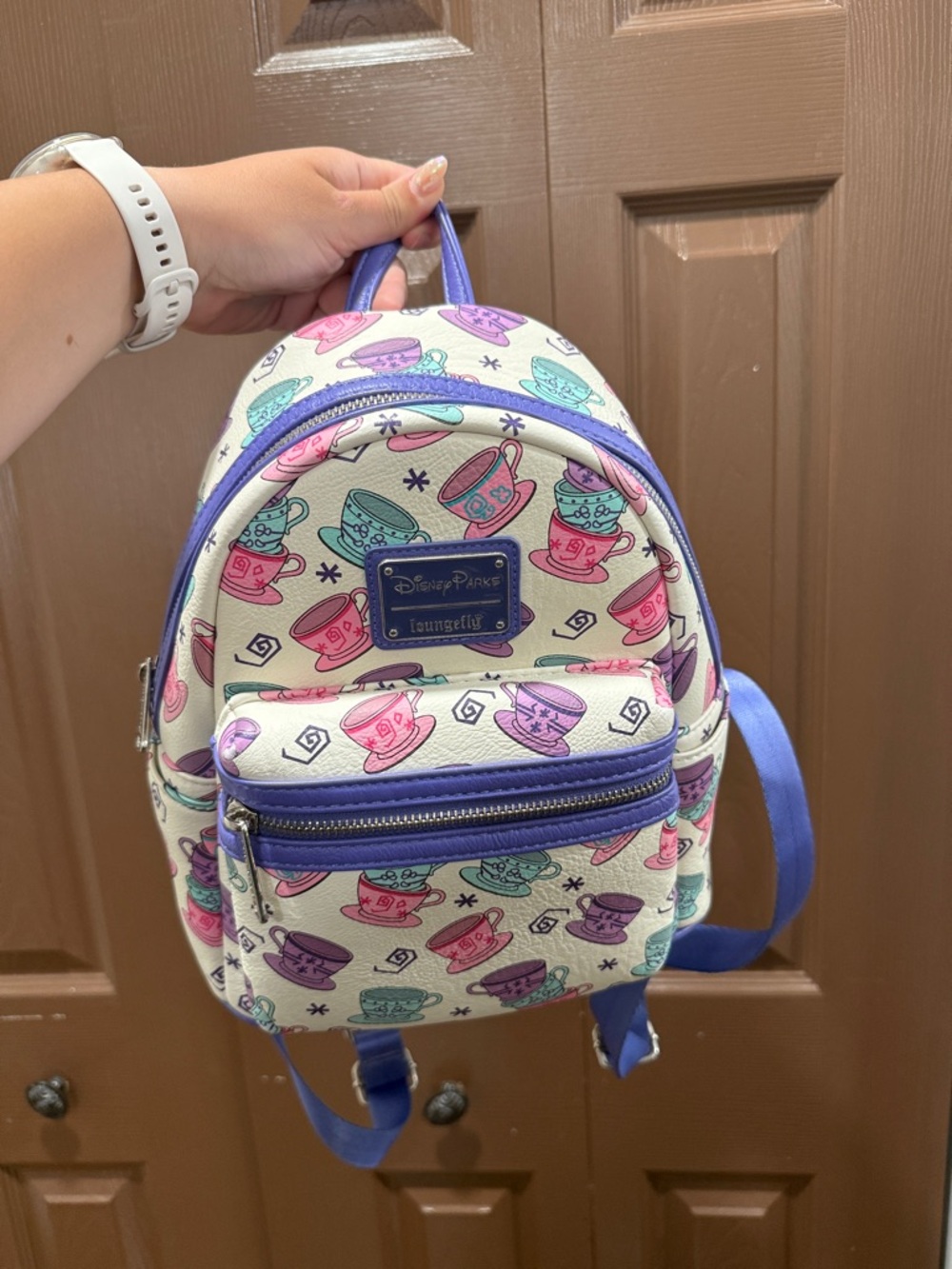 Loungefly White Mini Backpack with Purple Trim and Pastel Teacups